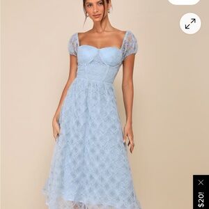 Lulu's Powder Blue Lace Midi Dress with Puff Sleeves